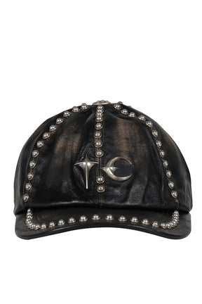 STUDDED WASHED LEATHER CAP / BLK 
