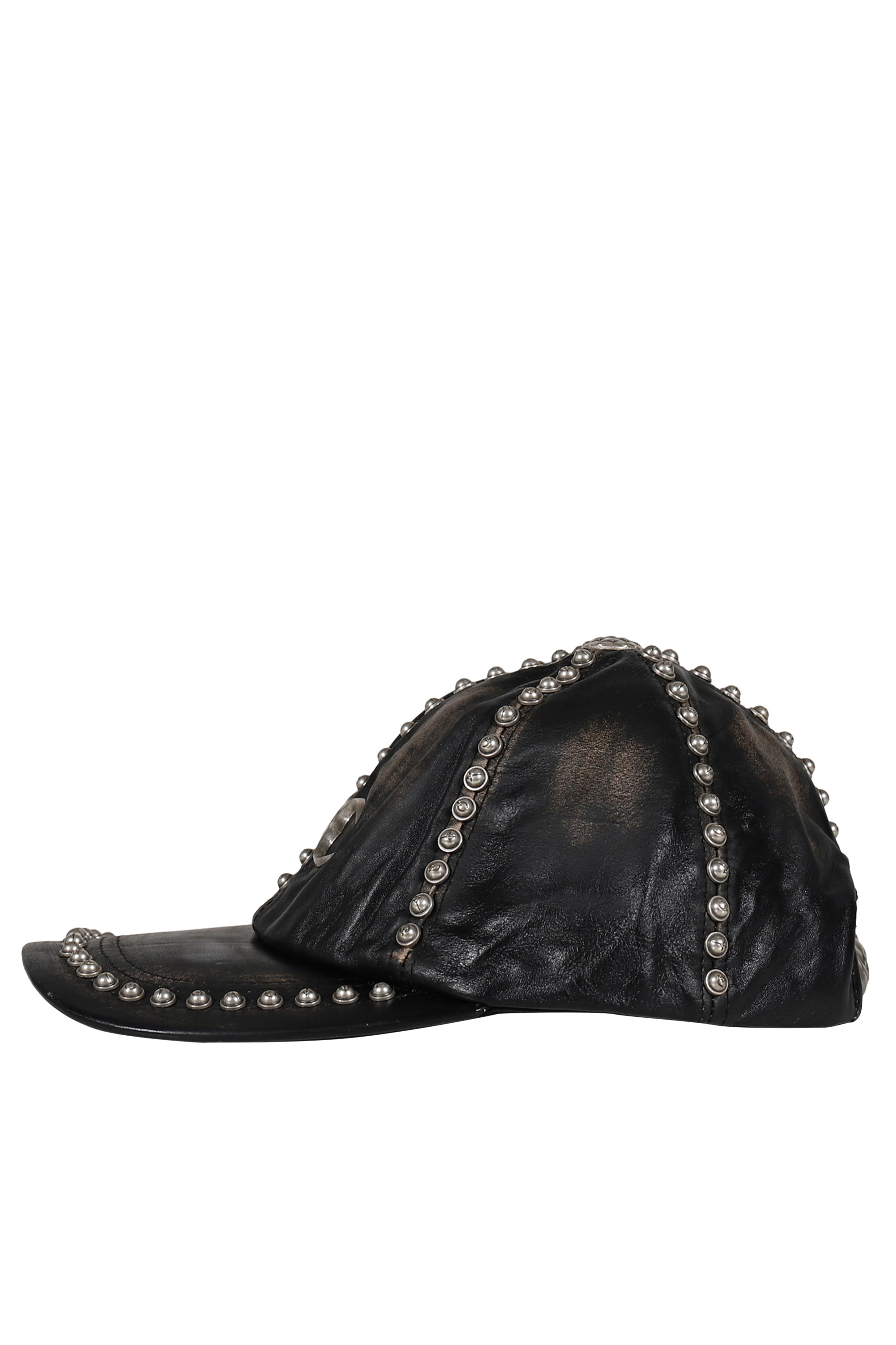 STUDDED WASHED LEATHER CAP / BLK 
