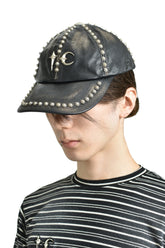 STUDDED WASHED LEATHER CAP / BLK 