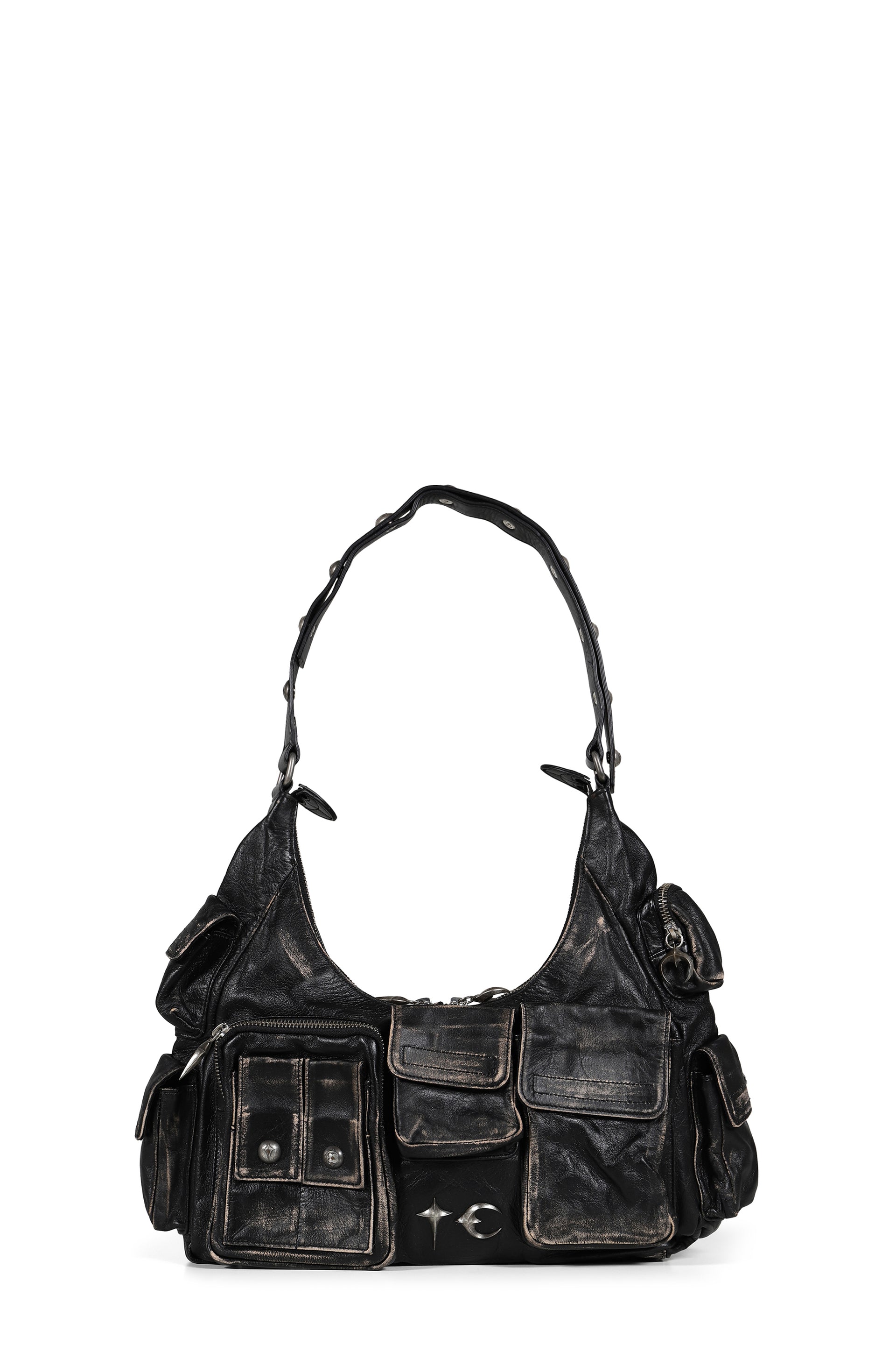 WASHED LEATHER MULTI POCKET BAG / BLK