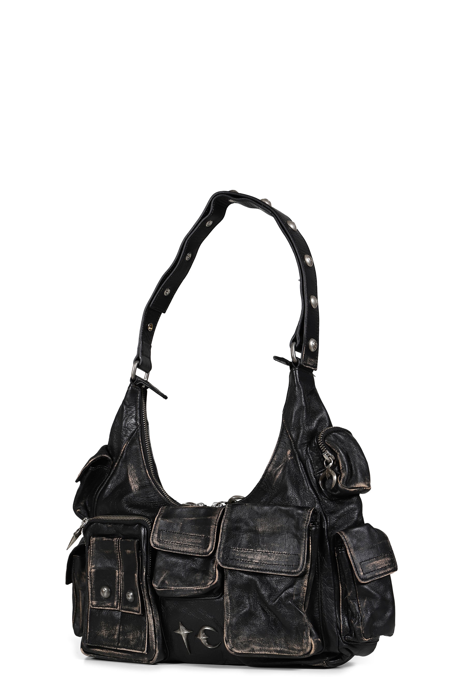 WASHED LEATHER MULTI POCKET BAG / BLK