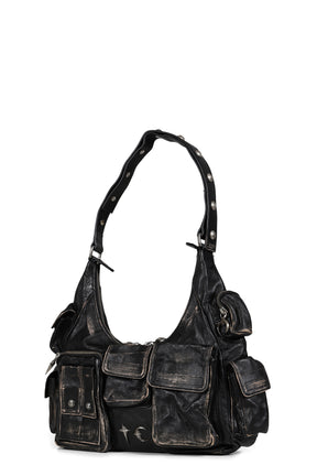 WASHED LEATHER MULTI POCKET BAG / BLK