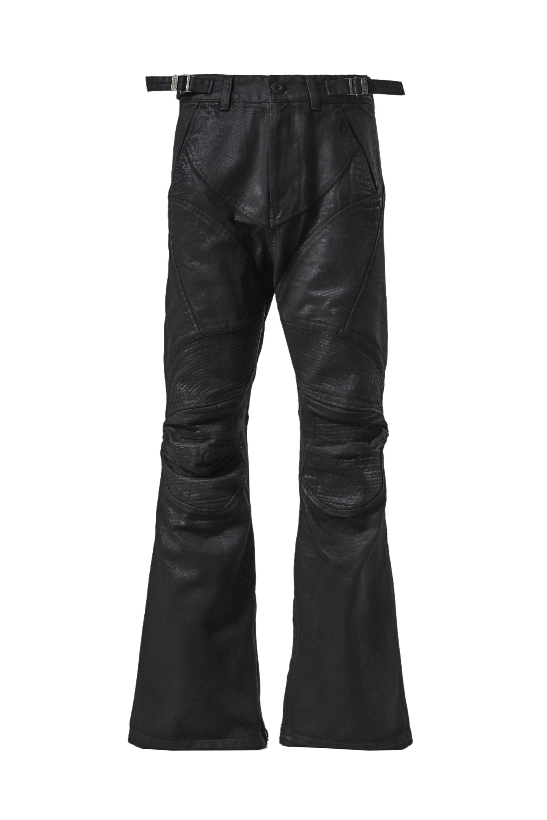 COATED BIKER ARMOURED FLARE PANTS / BLK