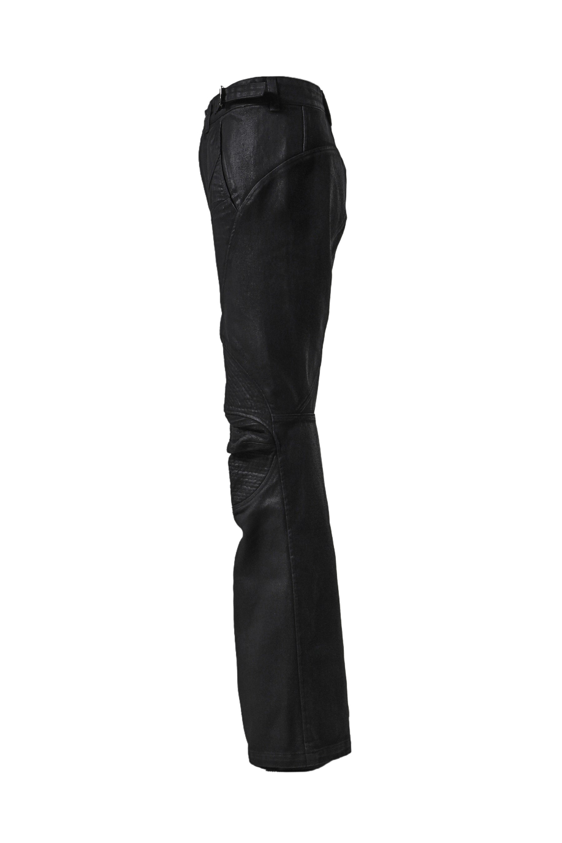 COATED BIKER ARMOURED FLARE PANTS / BLK