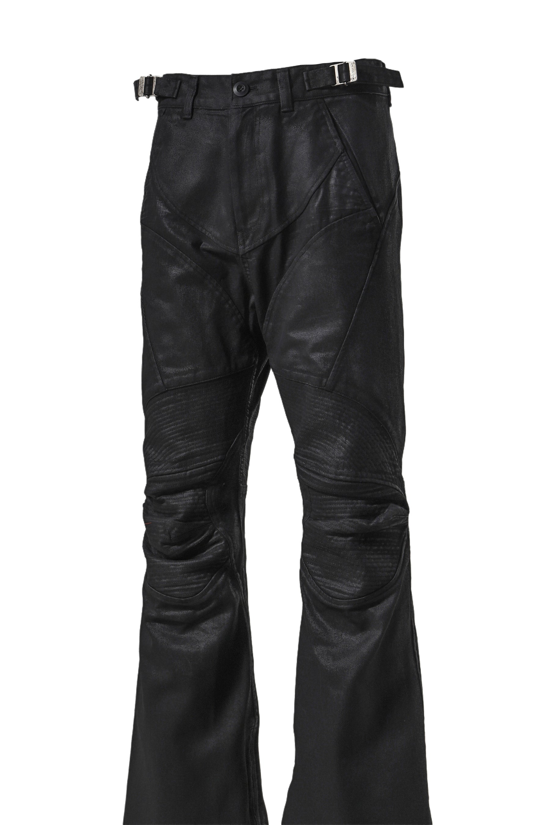 COATED BIKER ARMOURED FLARE PANTS / BLK