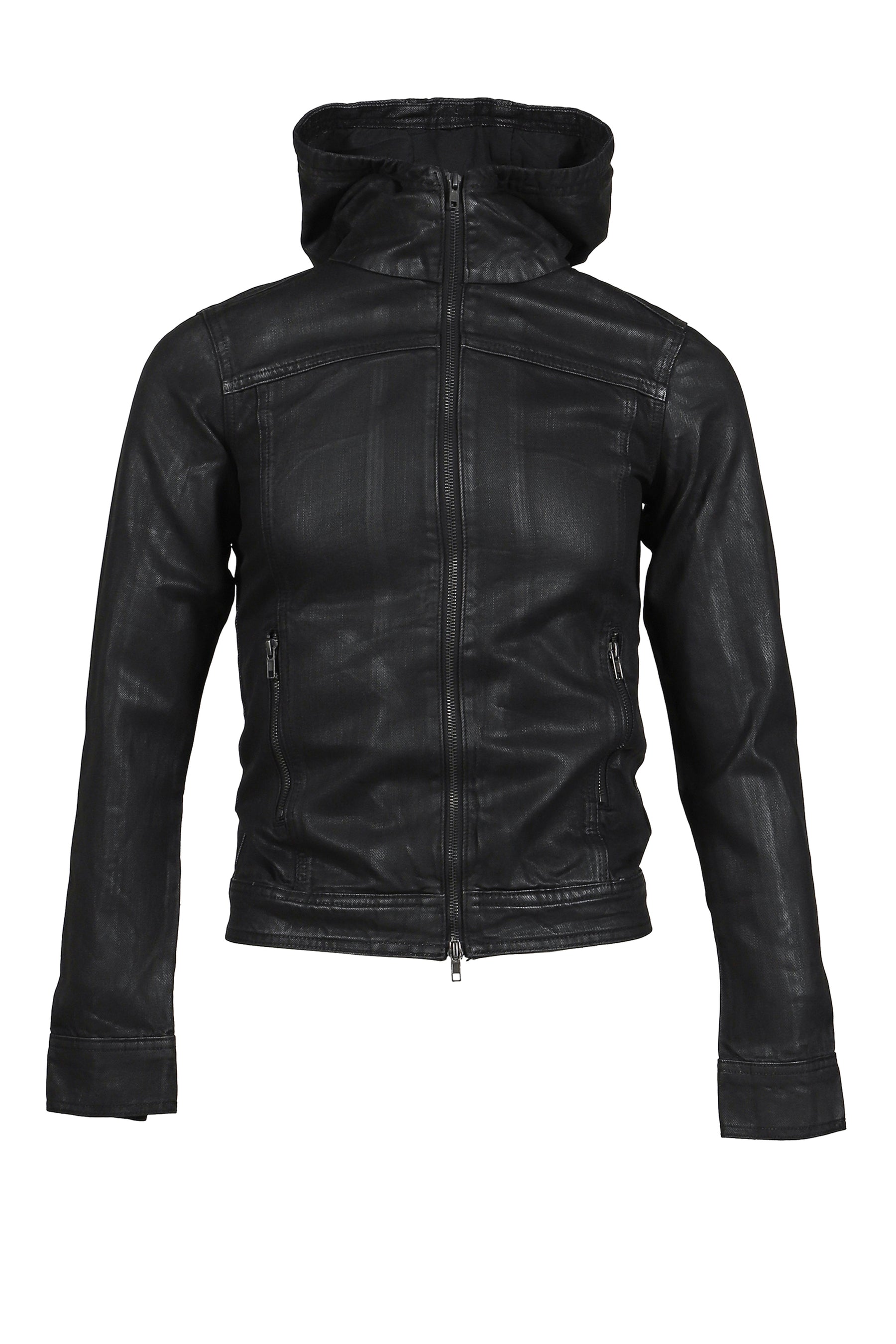 COATED DENIM HOODED JACKET / BLK
