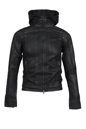 COATED DENIM HOODED JACKET / BLK