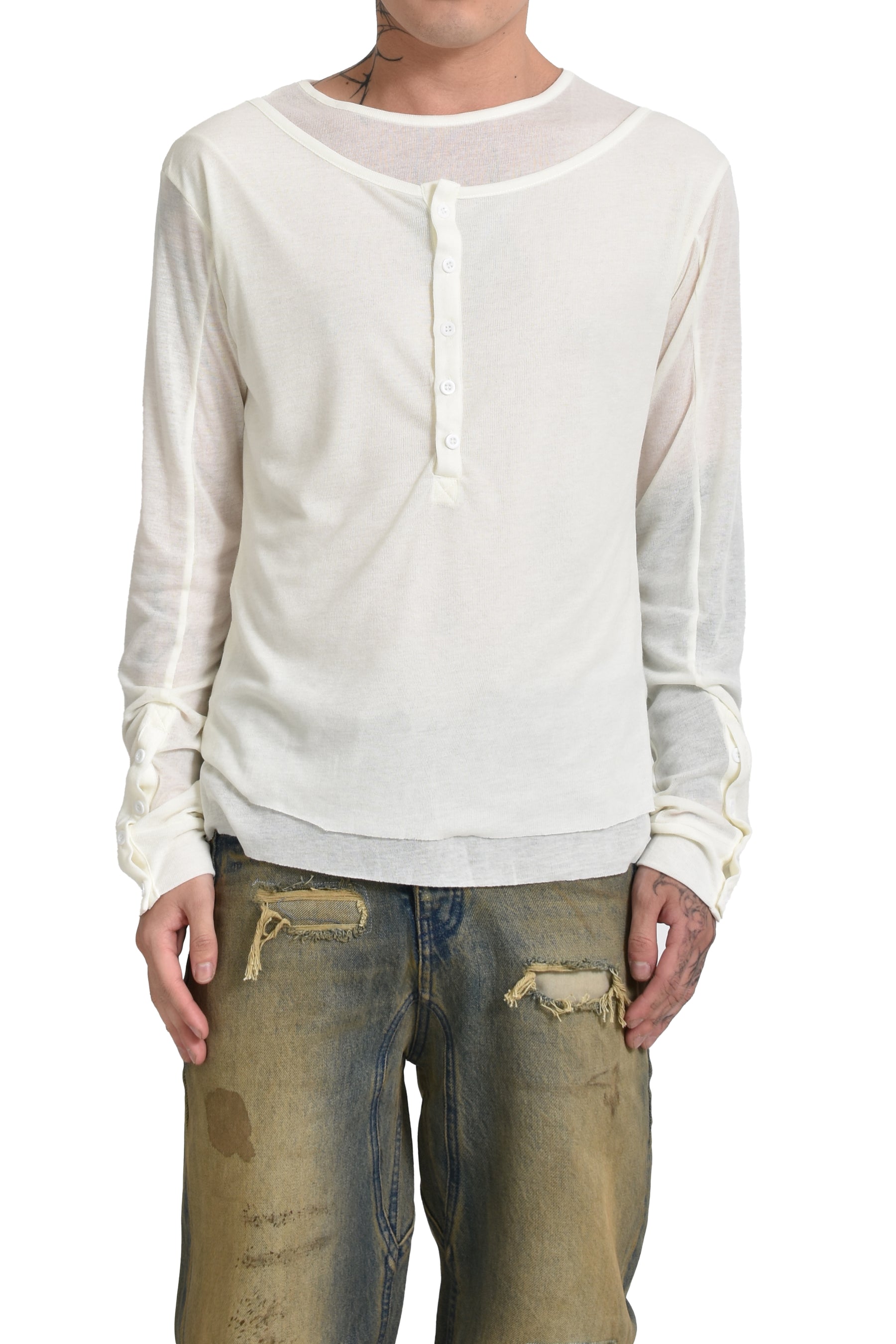 DOUBLE LAYERED LONG SLEEVE (BUTTON) / WHT