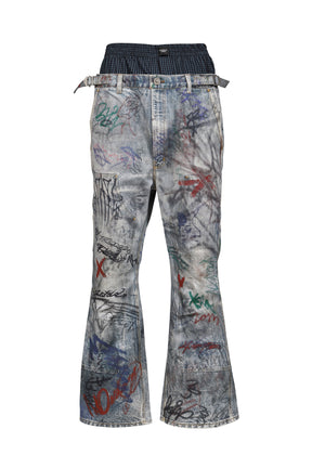 GRAFFITI TROMPE-L’OEIL LAYERED PANTS / BLU