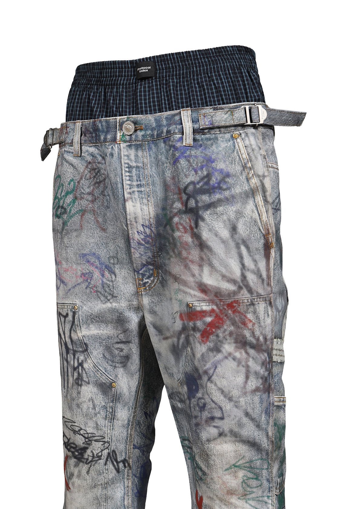 GRAFFITI TROMPE-L’OEIL LAYERED PANTS / BLU