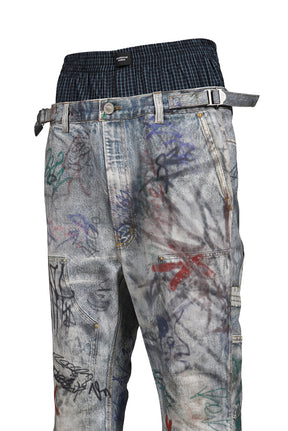 GRAFFITI TROMPE-L’OEIL LAYERED PANTS / BLU