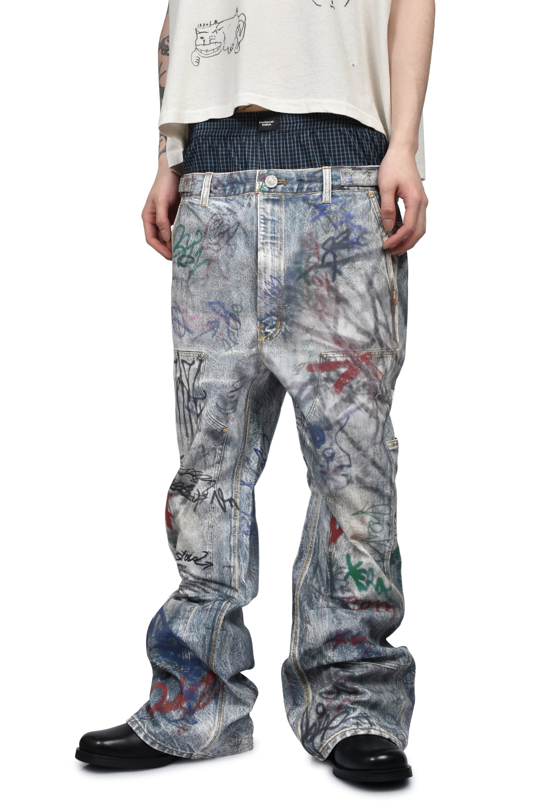 GRAFFITI TROMPE-L’OEIL LAYERED PANTS / BLU