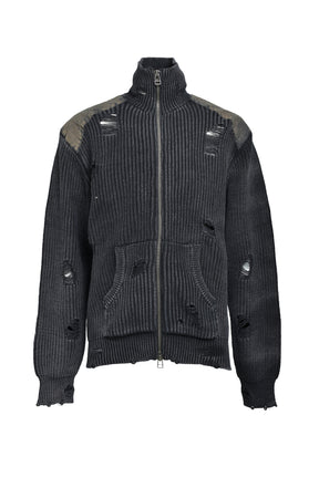 OVERDIE DAMAGE ZIP KNIT / BLACK 