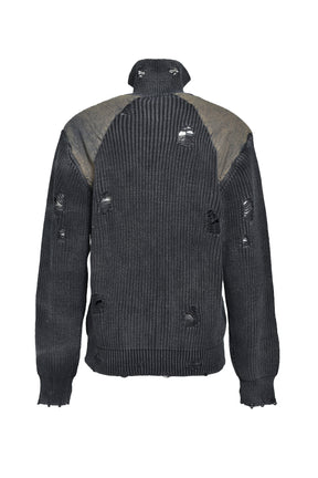 OVERDIE DAMAGE ZIP KNIT / BLACK 