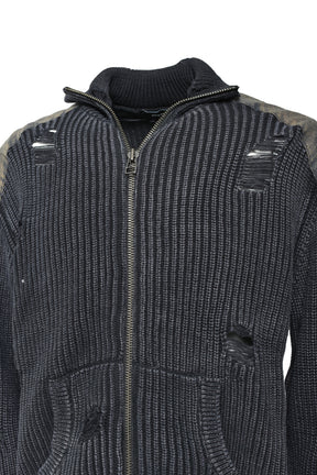 OVERDIE DAMAGE ZIP KNIT / BLACK 