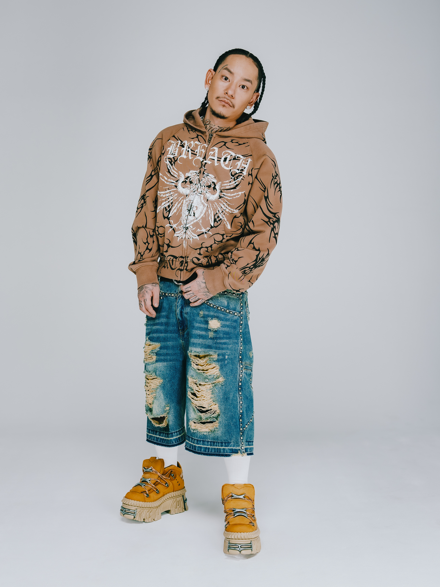 BREATH TWIN HEAD LOGO ZIP UP HOODIE / DUST