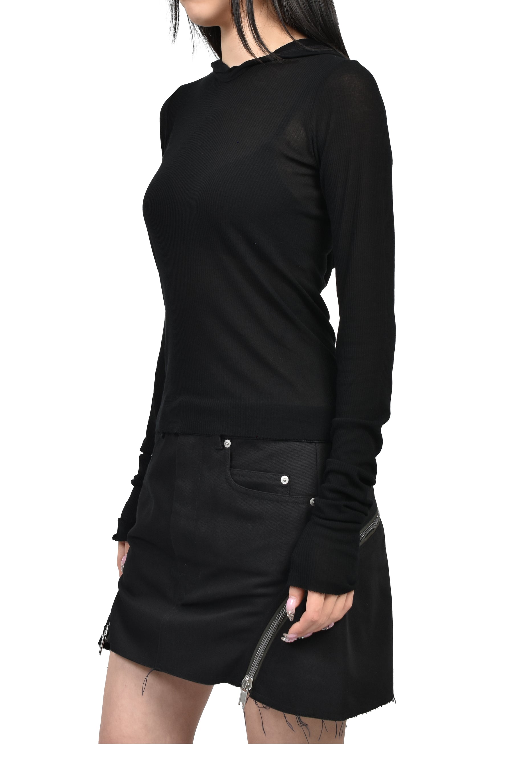 CROPPED HOODED RIB LS T / BLK