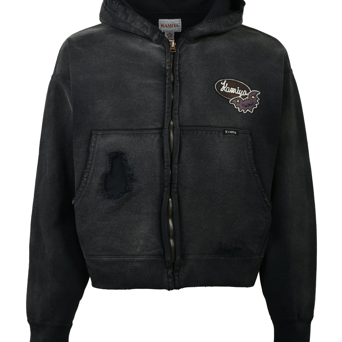 KAMIYA カミヤ SS26 REPAIRED NAME PATCH ZIP SHORT HOODIE / BLK