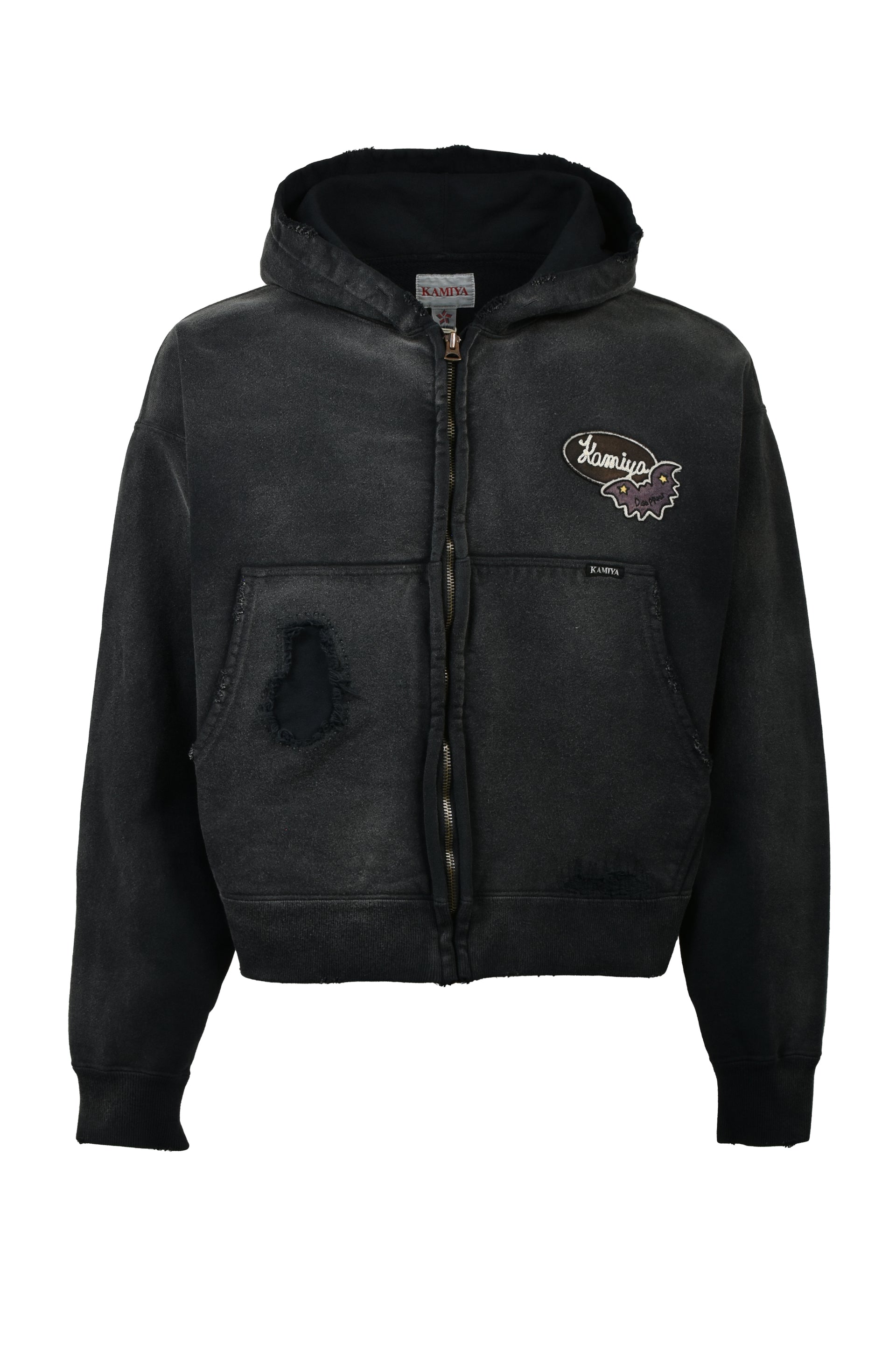 REPAIRED NAME PATCH ZIP SHORT HOODIE / BLK