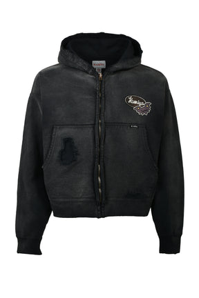 REPAIRED NAME PATCH ZIP SHORT HOODIE / BLK