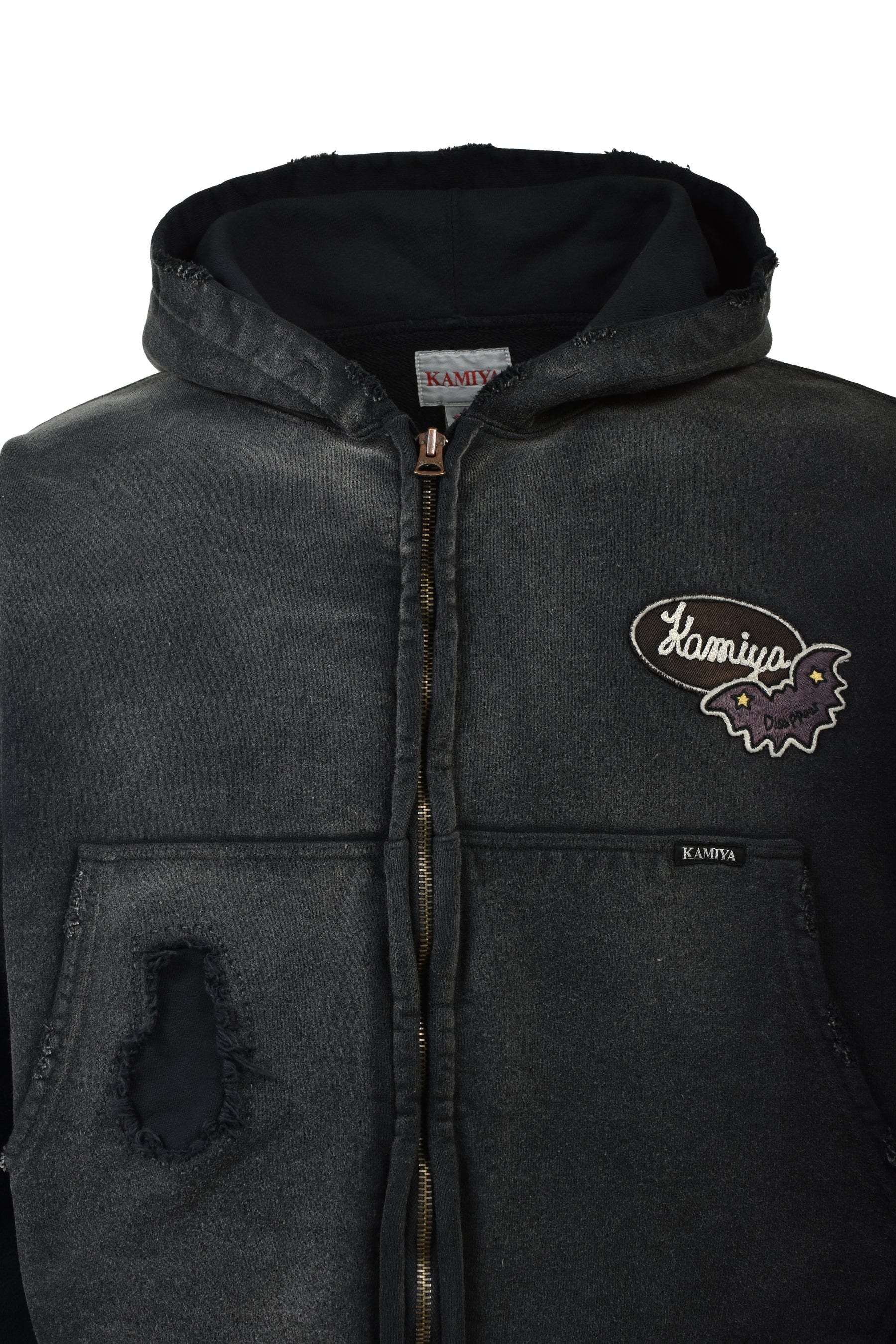 REPAIRED NAME PATCH ZIP SHORT HOODIE / BLK