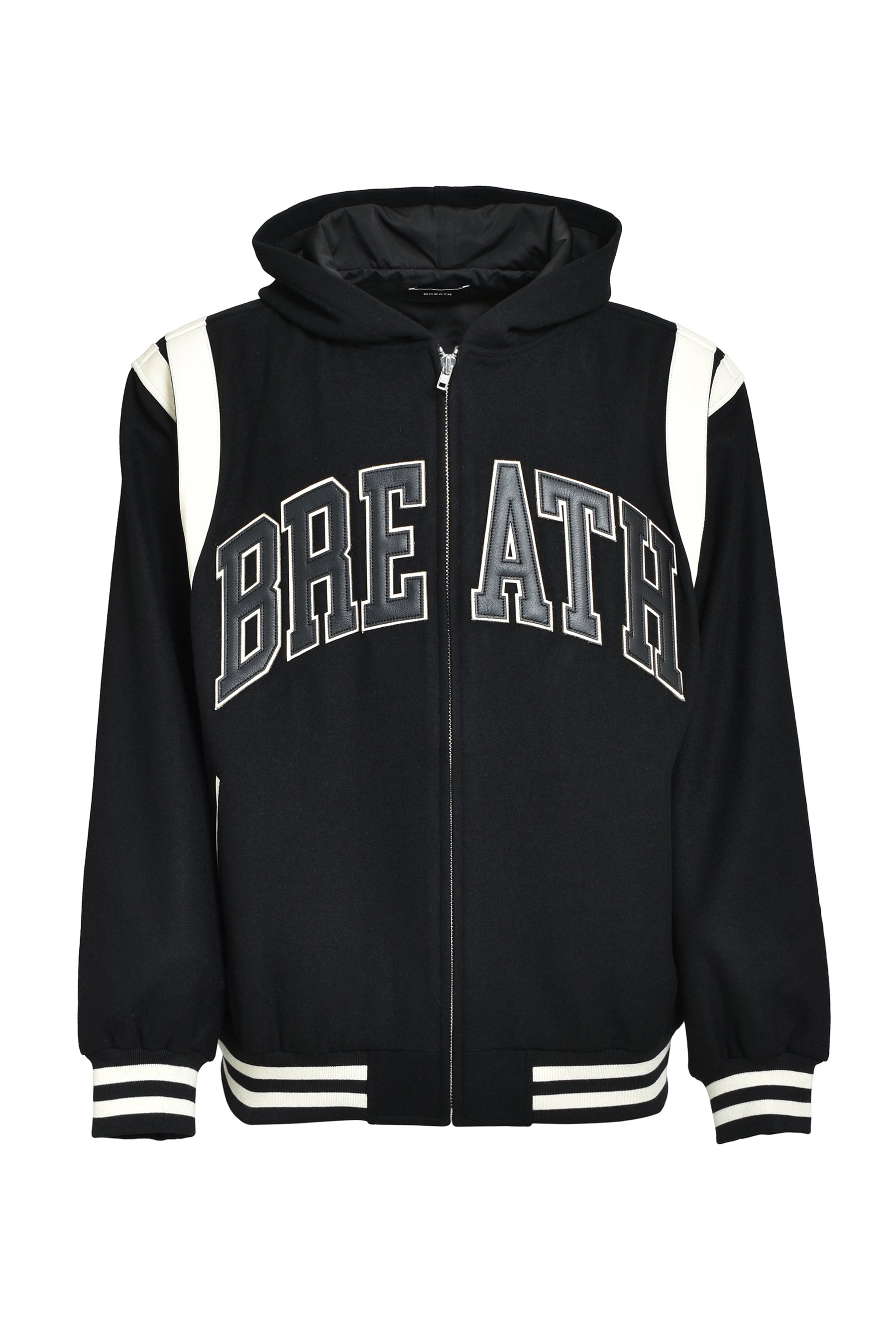ARCH LOGO HOODED VERSITY JACKET / BLK WHT 