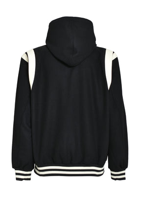 ARCH LOGO HOODED VERSITY JACKET / BLK WHT 