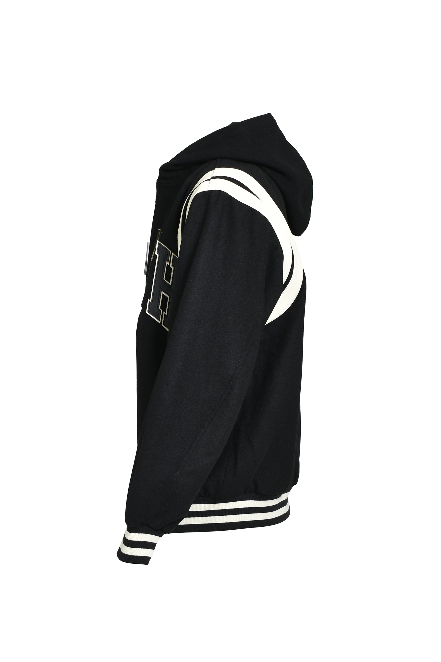 ARCH LOGO HOODED VERSITY JACKET / BLK WHT 
