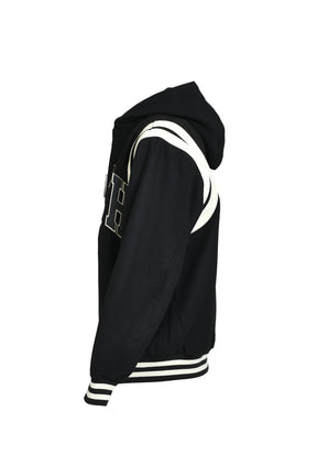 ARCH LOGO HOODED VERSITY JACKET / BLK WHT 