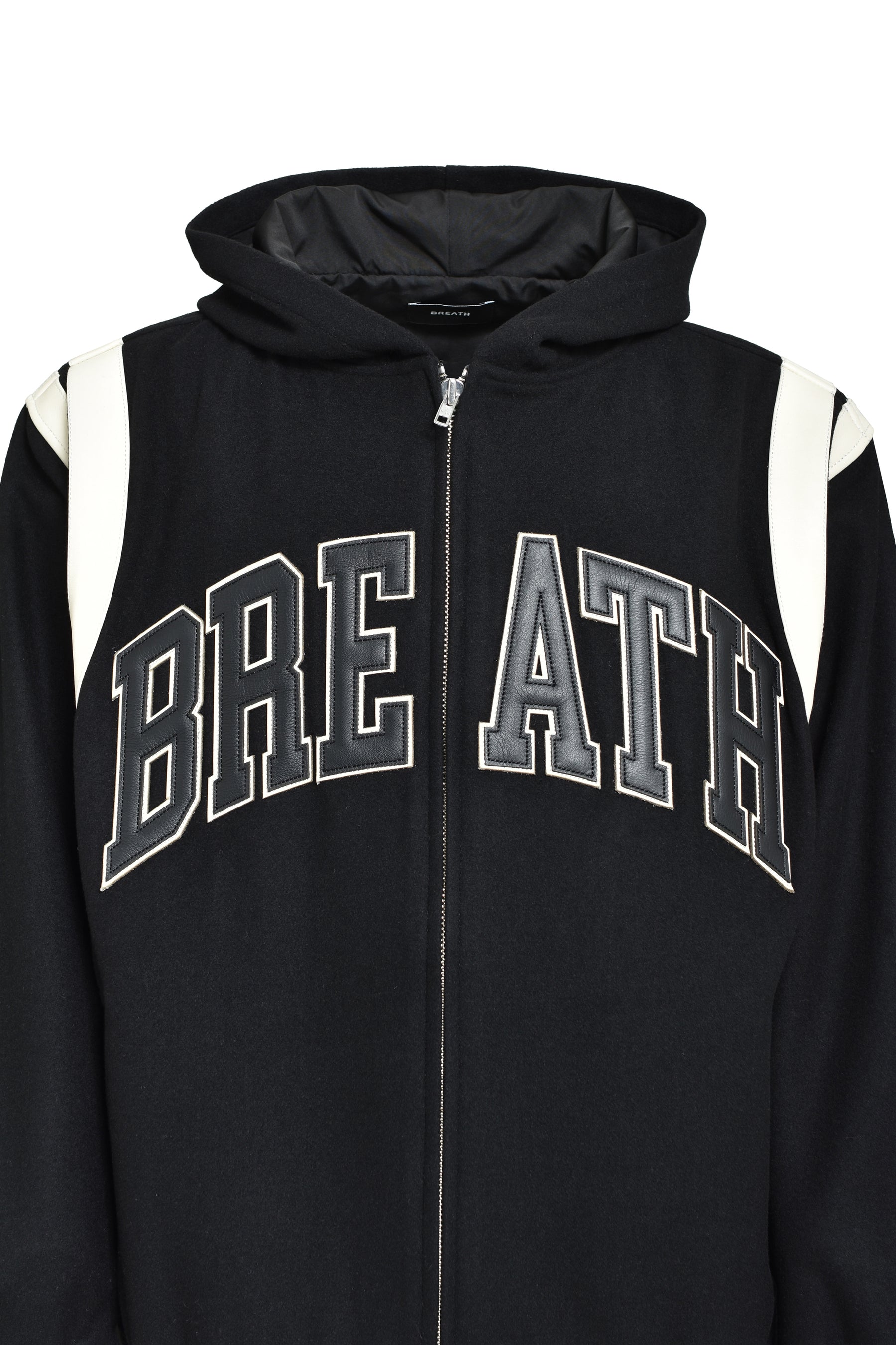 ARCH LOGO HOODED VERSITY JACKET / BLK WHT 