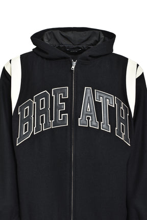 ARCH LOGO HOODED VERSITY JACKET / BLK WHT 