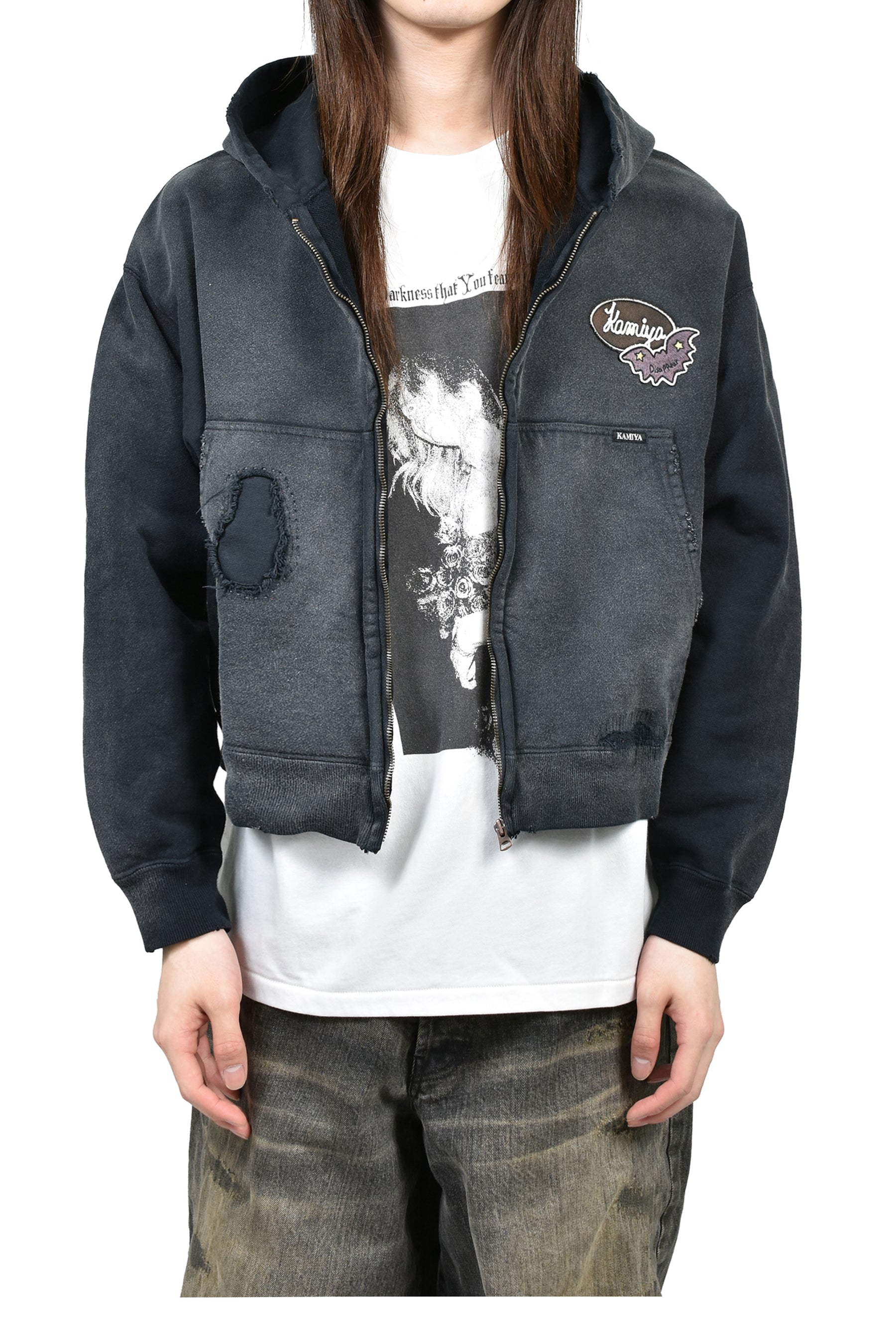 REPAIRED NAME PATCH ZIP SHORT HOODIE / BLK