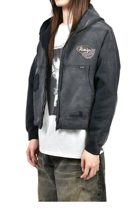 REPAIRED NAME PATCH ZIP SHORT HOODIE / BLK