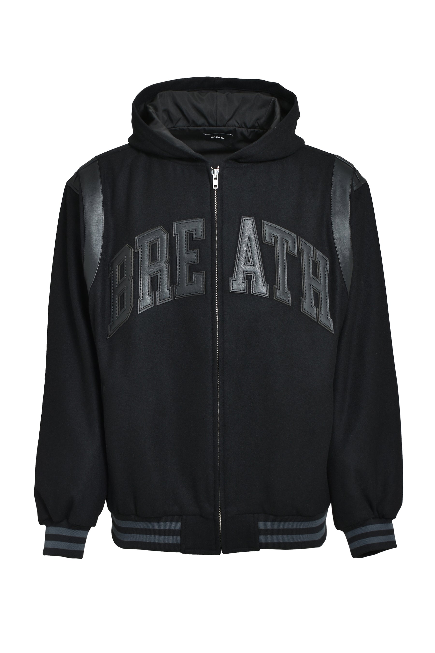 ARCH LOGO HOODED VERSITY JACKET / BLK BLK 