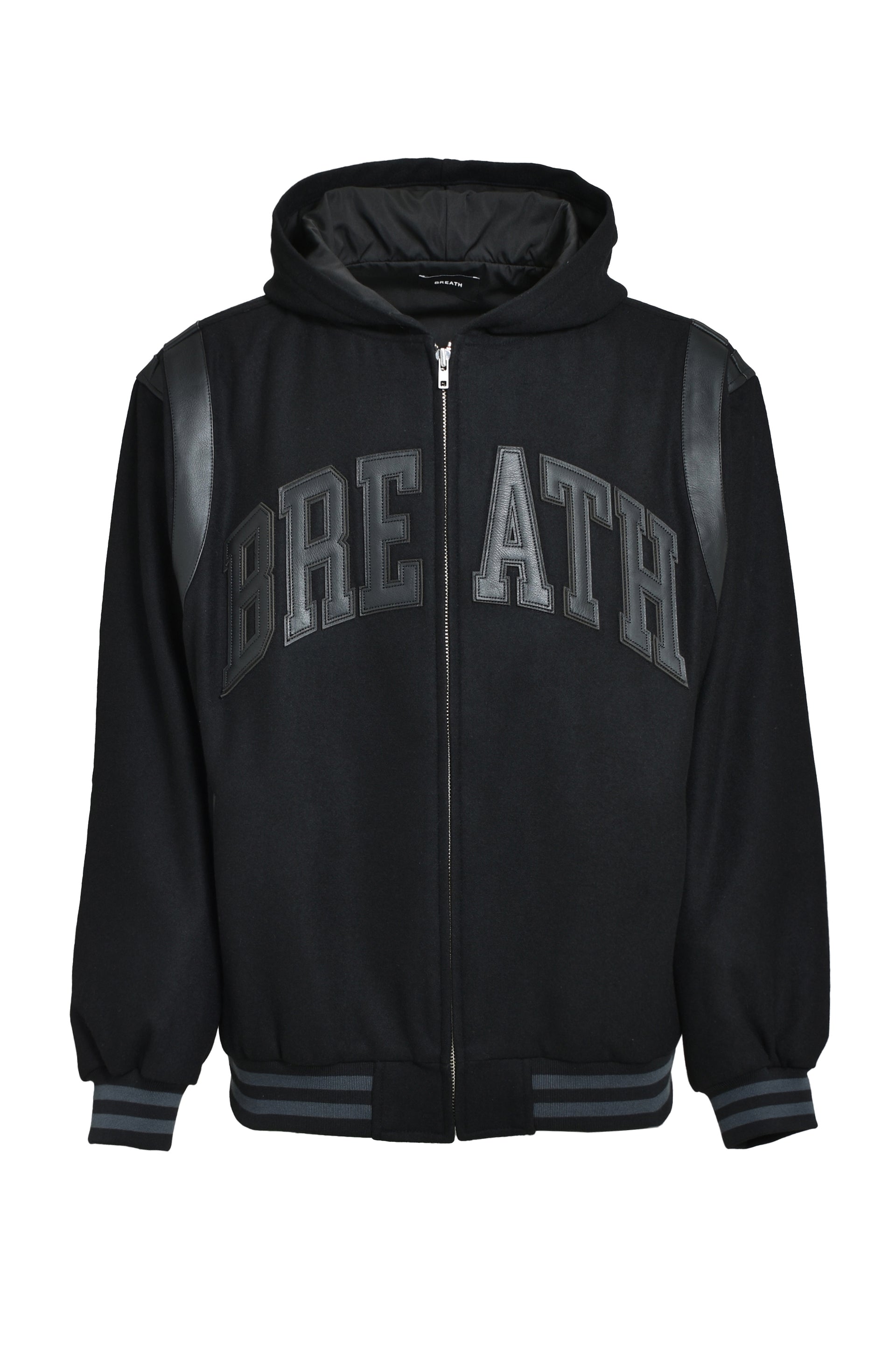 ARCH LOGO HOODED VERSITY JACKET / BLK BLK