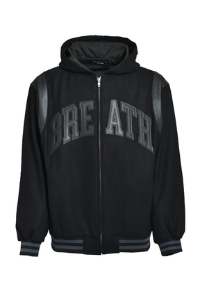 ARCH LOGO HOODED VERSITY JACKET / BLK BLK 