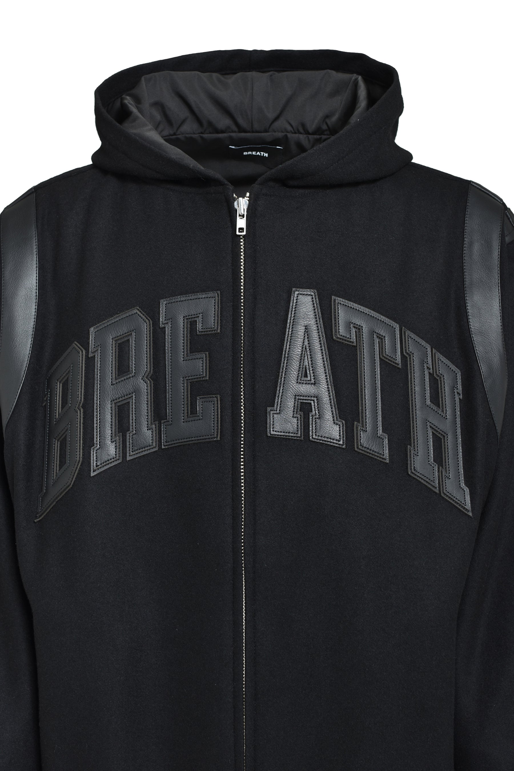 ARCH LOGO HOODED VERSITY JACKET / BLK BLK 