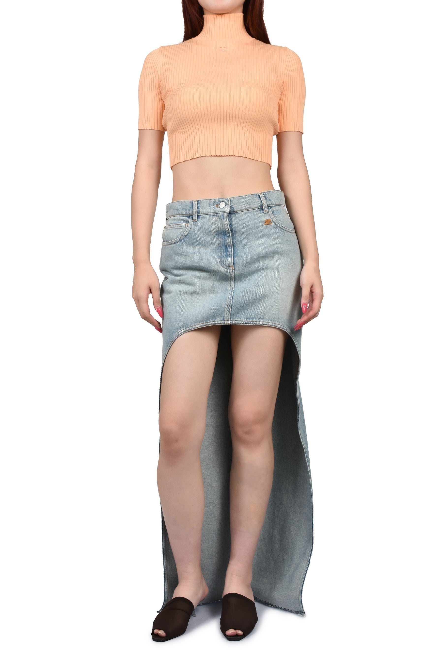 CIRCLE EDGED DENIM SKIRT / FADED BLUE DENIM