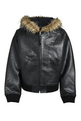 FAUX LEATHER FUR HOODED JACKET / BLK 