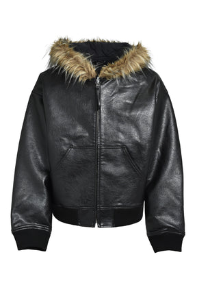 FAUX LEATHER FUR HOODED JACKET / BLK 