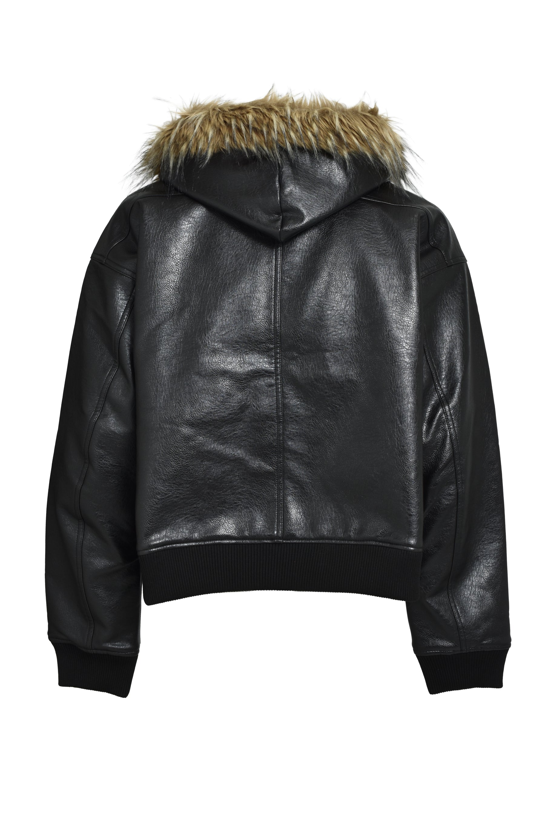 FAUX LEATHER FUR HOODED JACKET / BLK 