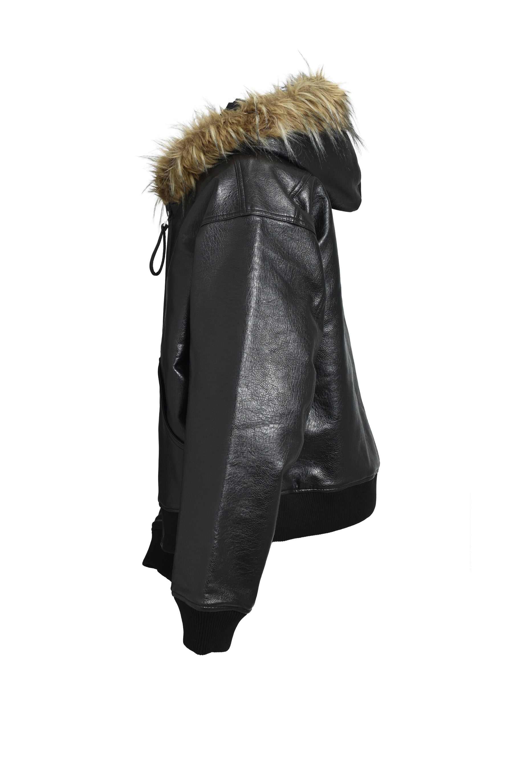 FAUX LEATHER FUR HOODED JACKET / BLK 