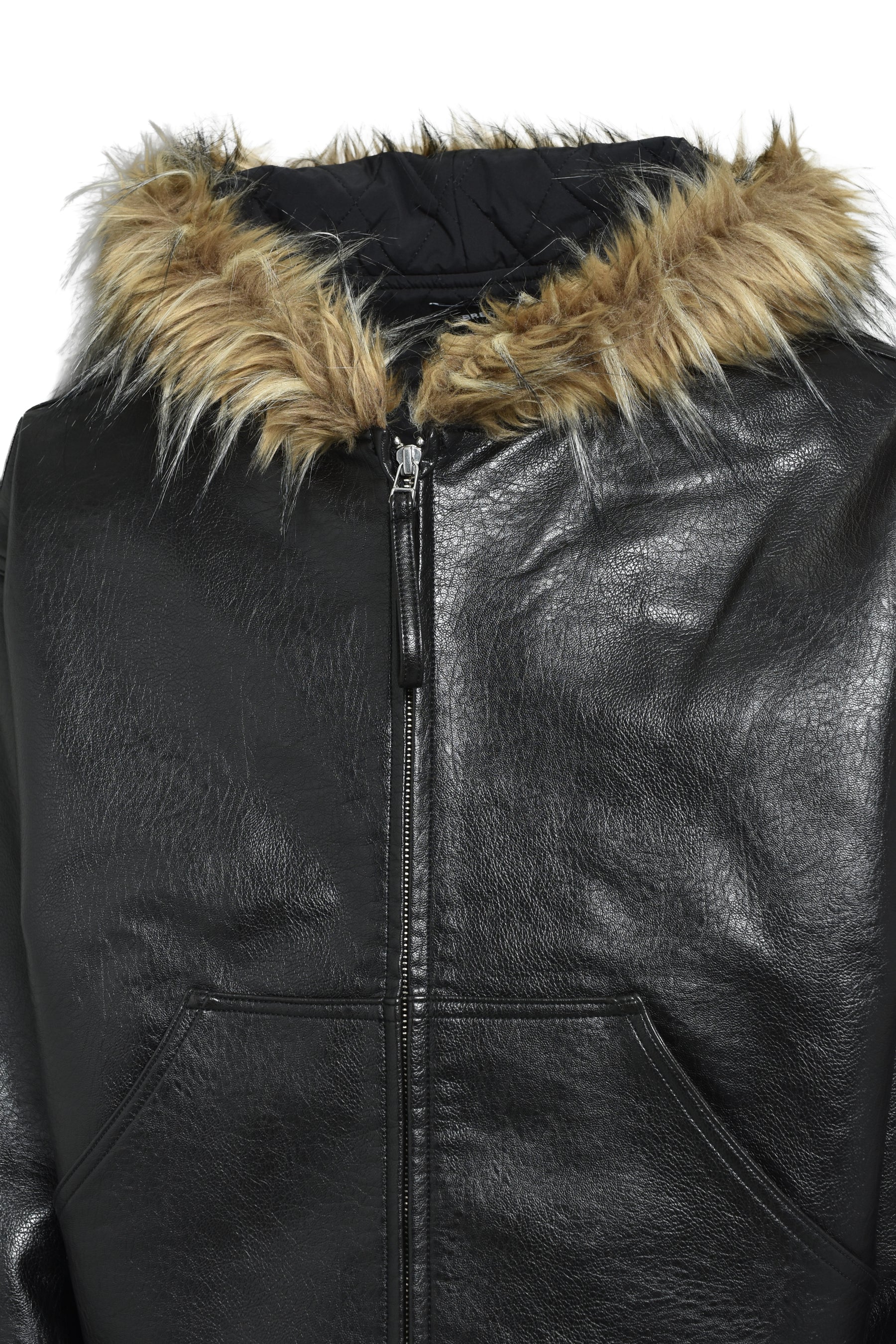 FAUX LEATHER FUR HOODED JACKET / BLK 