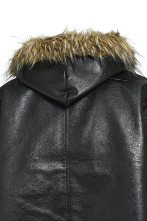 FAUX LEATHER FUR HOODED JACKET / BLK 