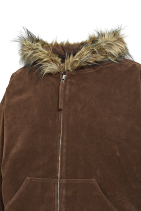 FAUX LEATHER FUR HOODED JACKET / BRW
