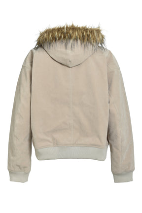 FAUX LEATHER FUR HOODED JACKET / BEI 