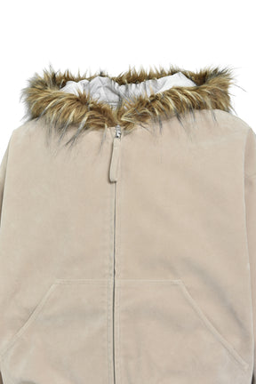FAUX LEATHER FUR HOODED JACKET / BEI 