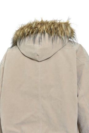 FAUX LEATHER FUR HOODED JACKET / BEI 
