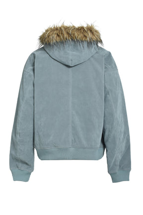 FAUX LEATHER FUR HOODED JACKET / ICE