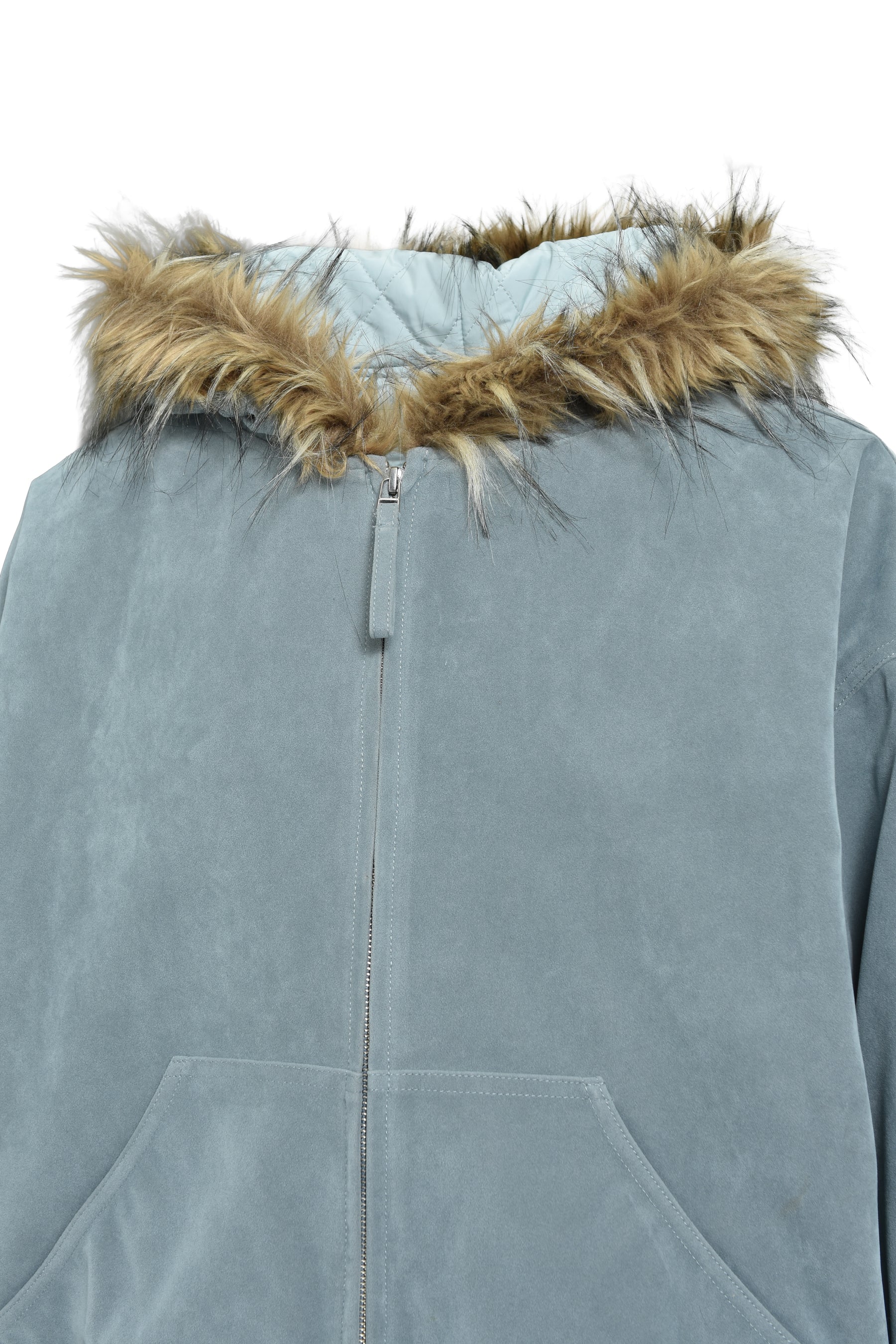 FAUX LEATHER FUR HOODED JACKET / ICE
